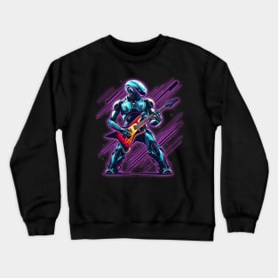 A Heavy Metal Rock and Roll Robot Plays Lead Guitar with Purple Laser Background Crewneck Sweatshirt